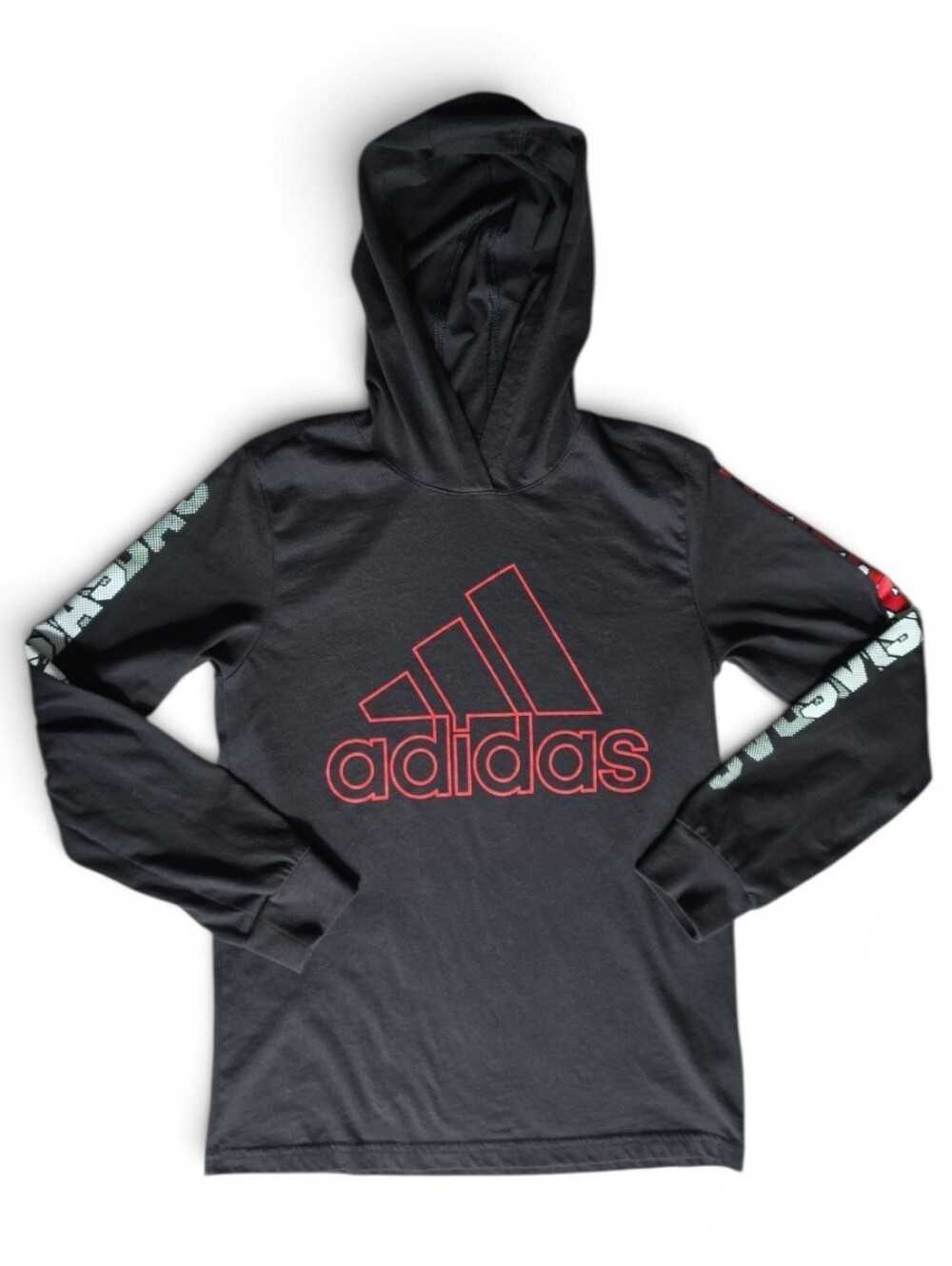 Adidas Kids Black Hoodie Tee with Red Logo-Boys 10/12